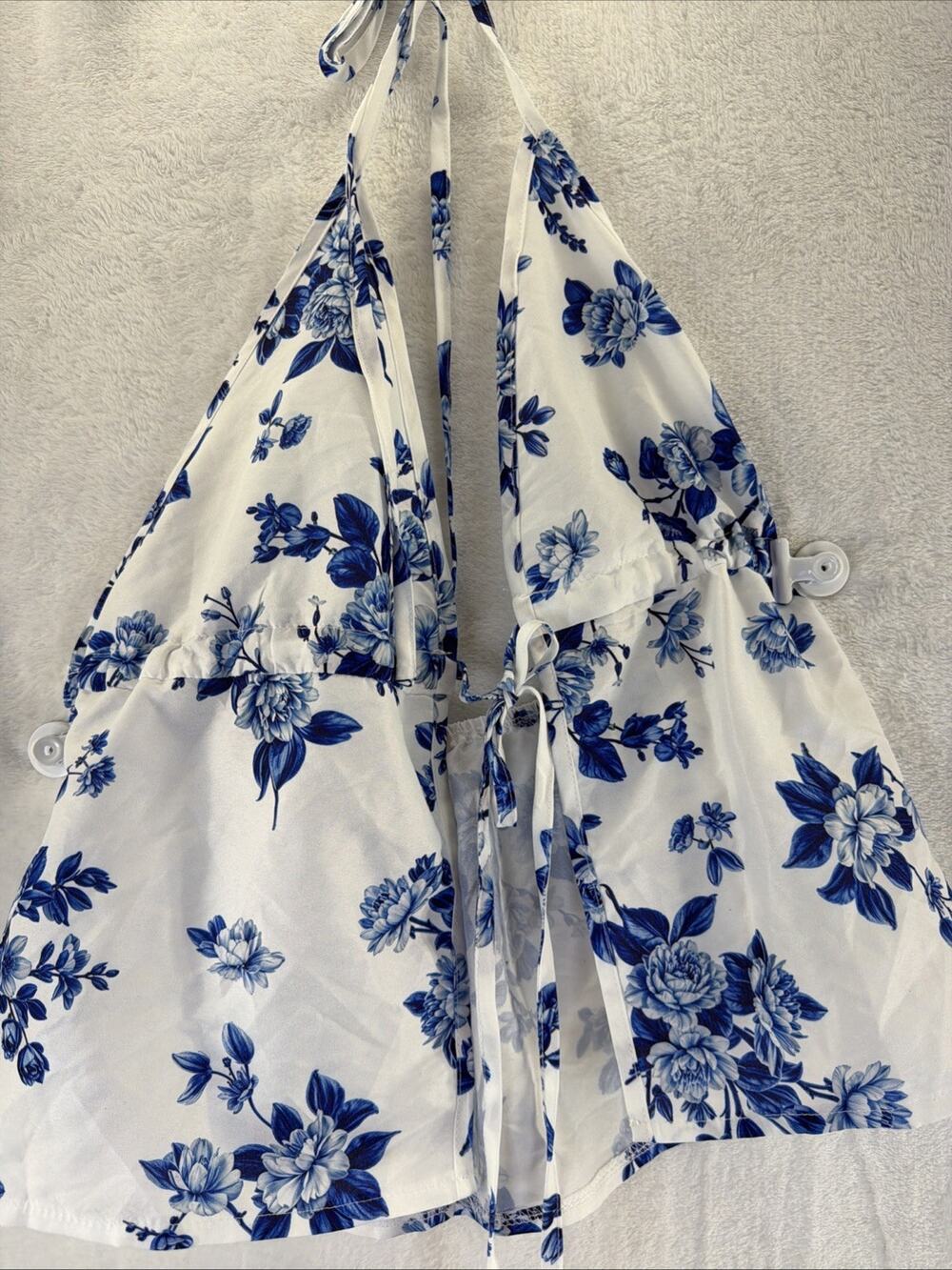 Women’s XS Extra Small Blue And White Floral Halter Top Blouse Shirt Coquette